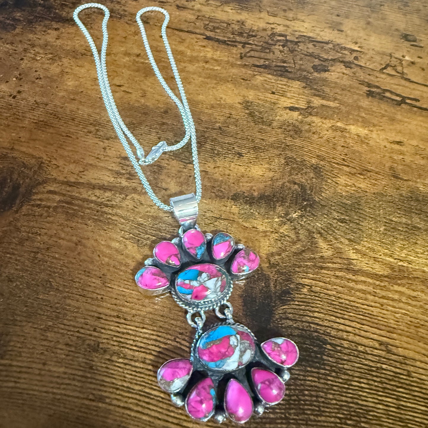 Cotton Candy Turquoise Dalhia Pendant Necklace Handmade 925 Sterling Silver