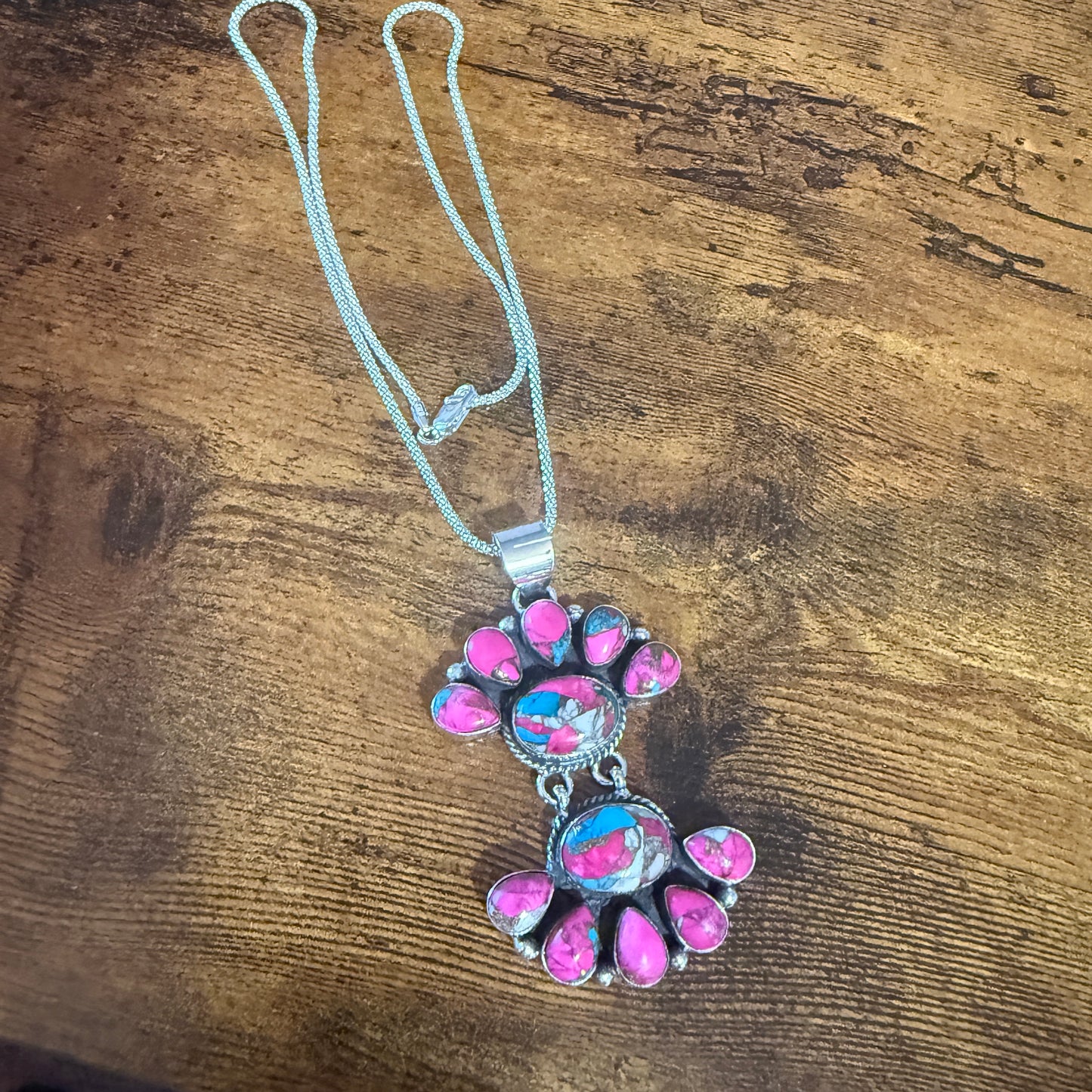 Cotton Candy Turquoise Dalhia Pendant Necklace Handmade 925 Sterling Silver