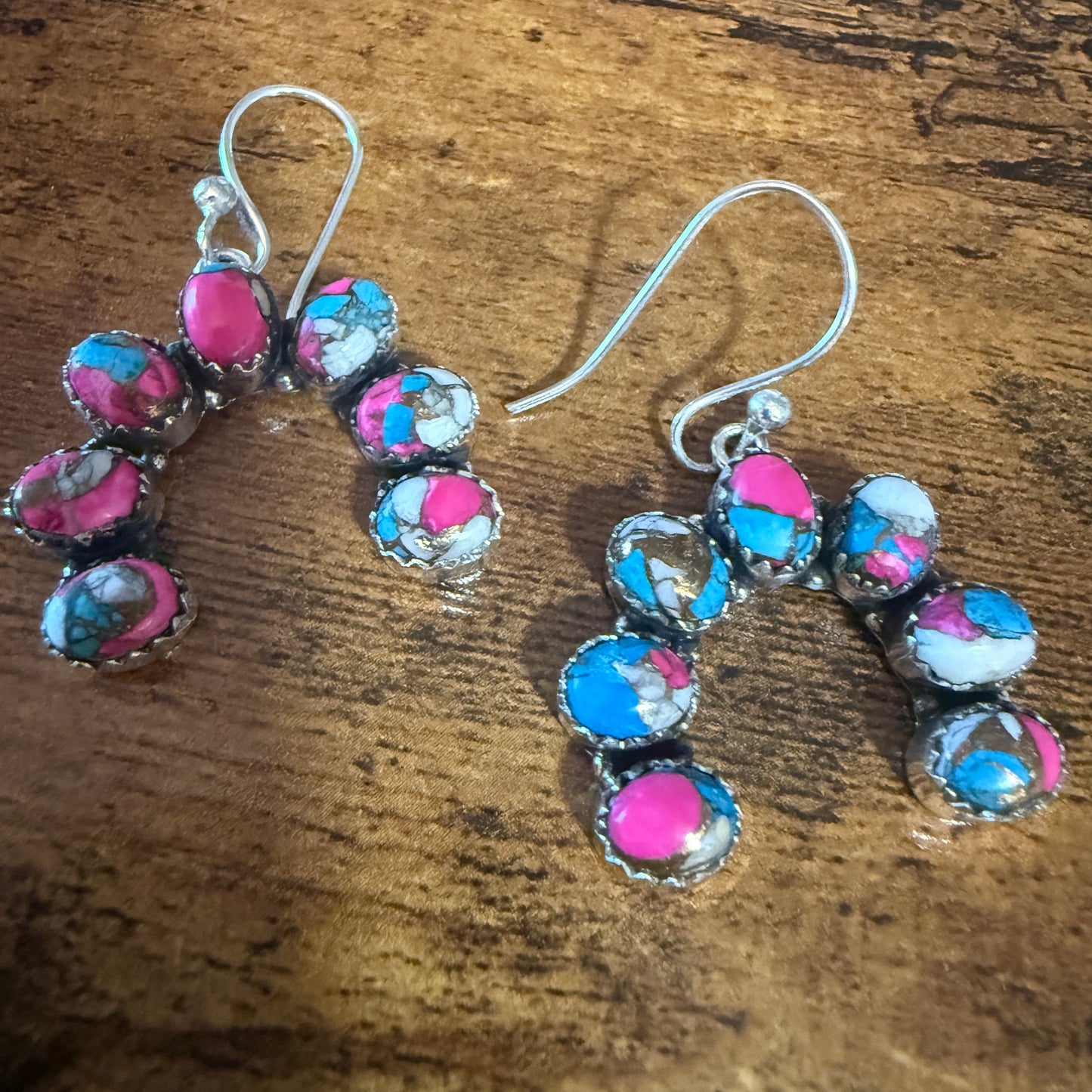 Cotton Candy Turquoise Dahlia Squash Earrings Handmade 925 Sterling Silver