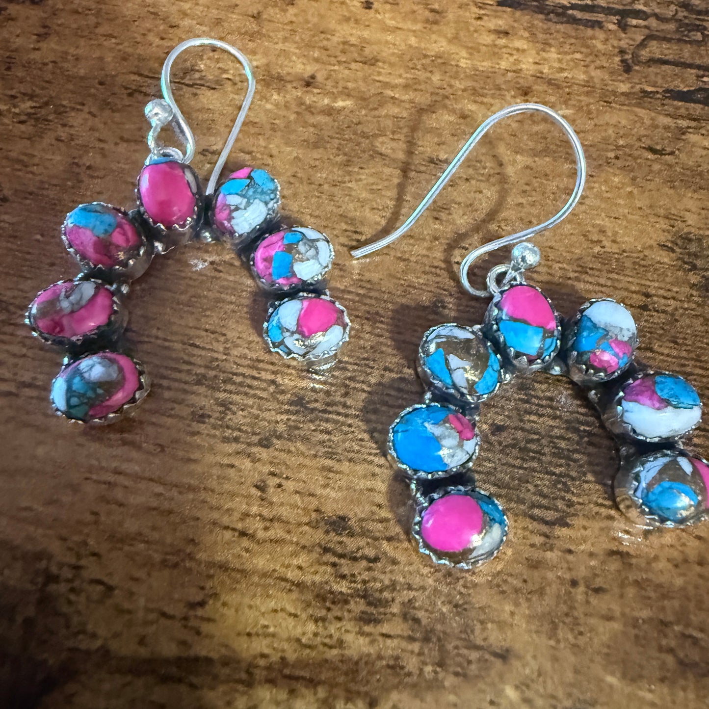 Cotton Candy Turquoise Dahlia Squash Earrings Handmade 925 Sterling Silver