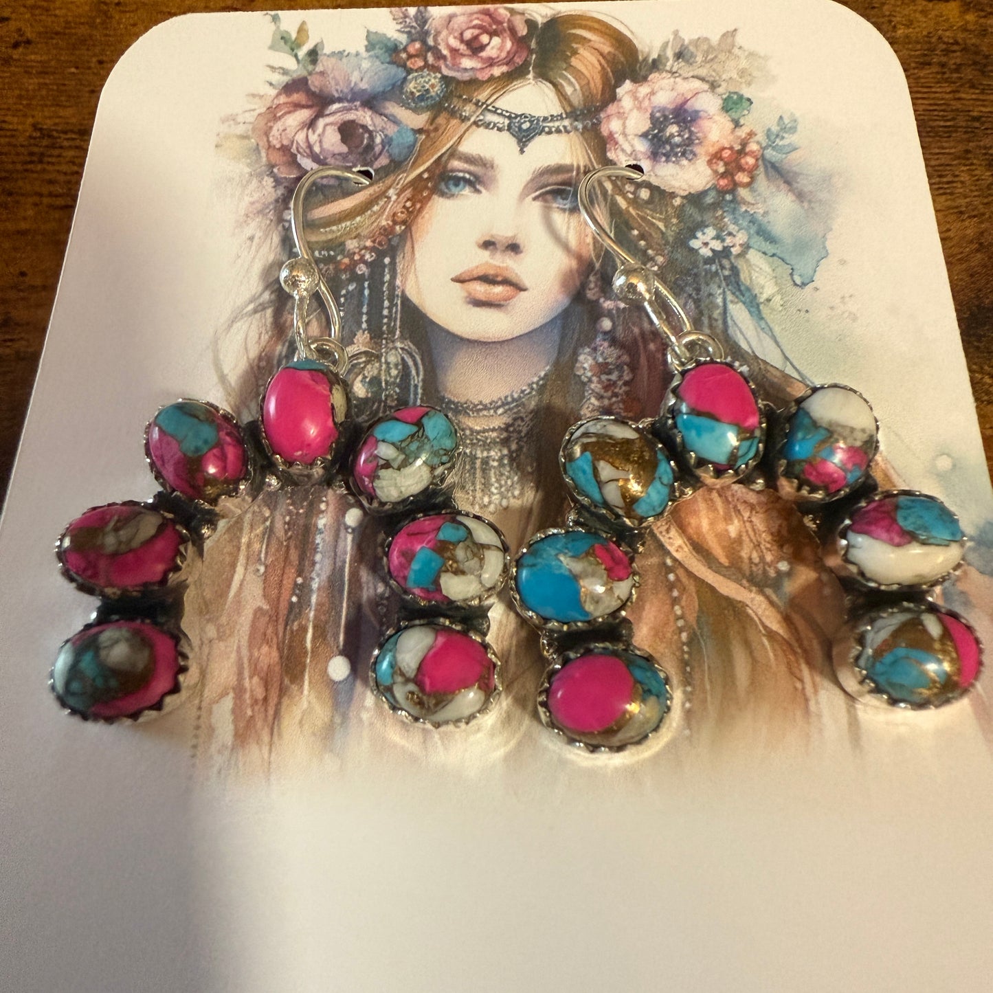 Cotton Candy Turquoise Dahlia Squash Earrings Handmade 925 Sterling Silver