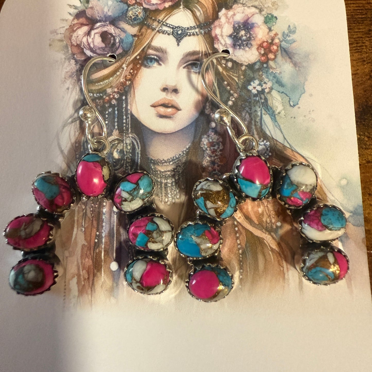 Cotton Candy Turquoise Dahlia Squash Earrings Handmade 925 Sterling Silver