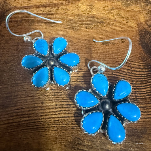 Sleeping Beauty Turquoise Dahlia Cluster Wire Earrings In 925 Sterling Silver