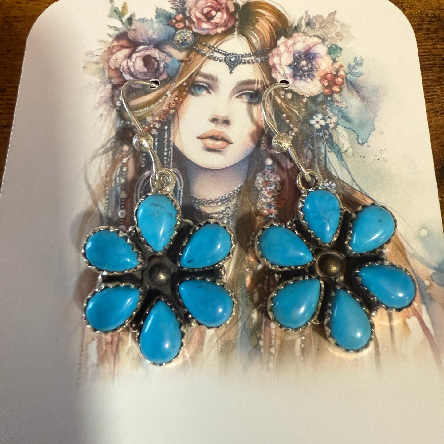 Sleeping Beauty Turquoise Dahlia Cluster Wire Earrings In 925 Sterling Silver