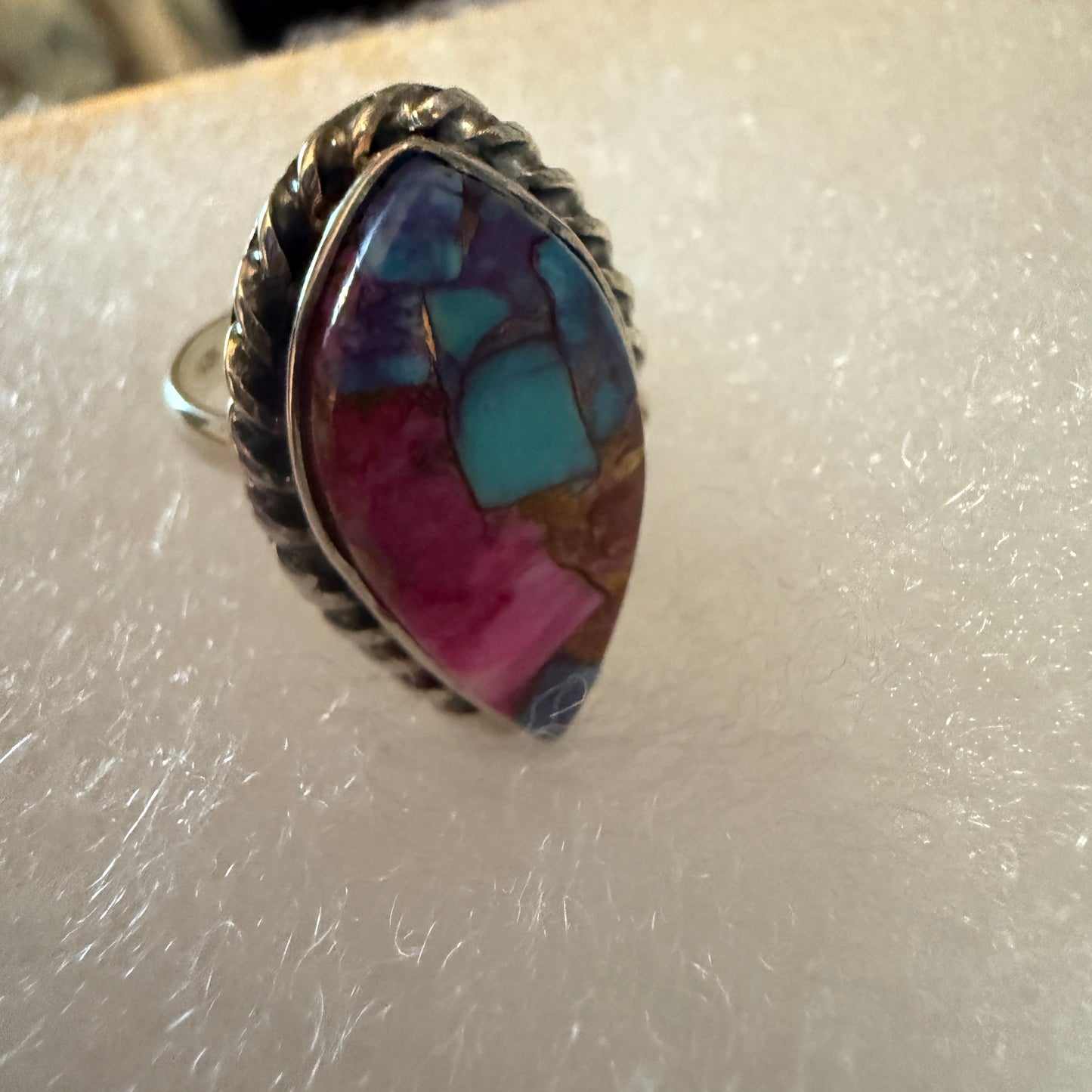 Pink Oyster Turquoise Gemstone Ring 925 Sterling Silver Handmade Size 10