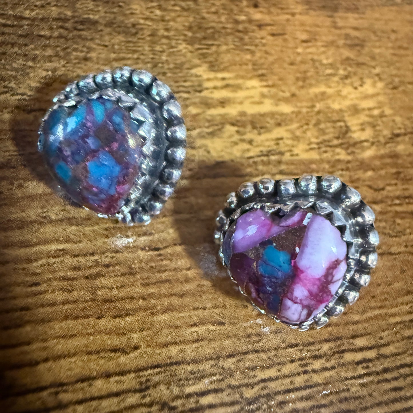 Pink Dahlia Turquoise Heart Stud Earrings 925 Sterling Silver Gift