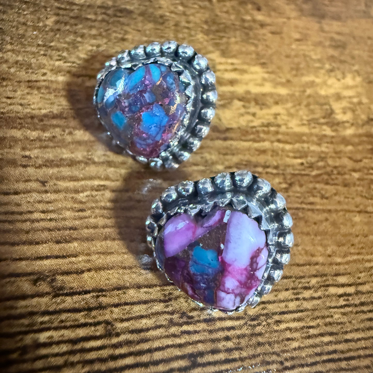 Pink Dahlia Turquoise Heart Stud Earrings 925 Sterling Silver Gift