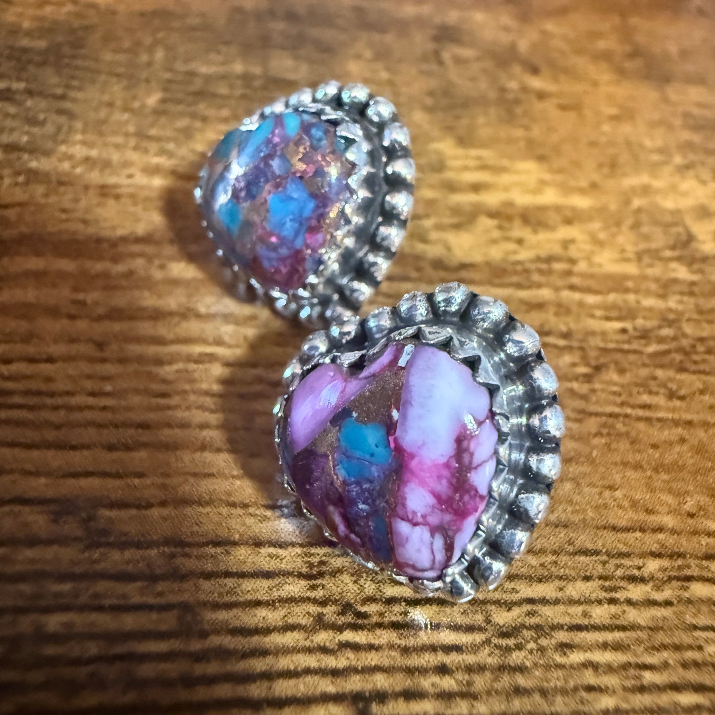 Pink Dahlia Turquoise Heart Stud Earrings 925 Sterling Silver Gift