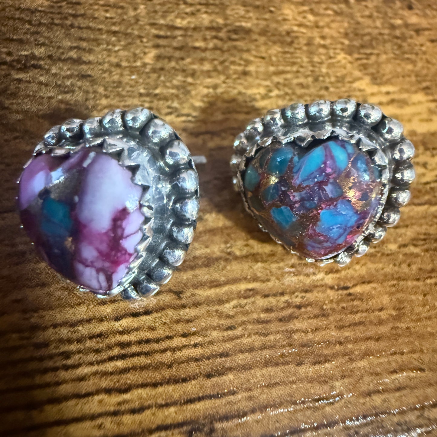 Pink Dahlia Turquoise Heart Stud Earrings 925 Sterling Silver Gift