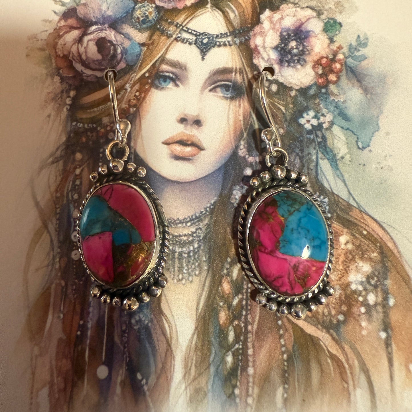 Cotton Candy Dahlia Turquoise Earrings 925 Sterling Silver Handmade Jewelry