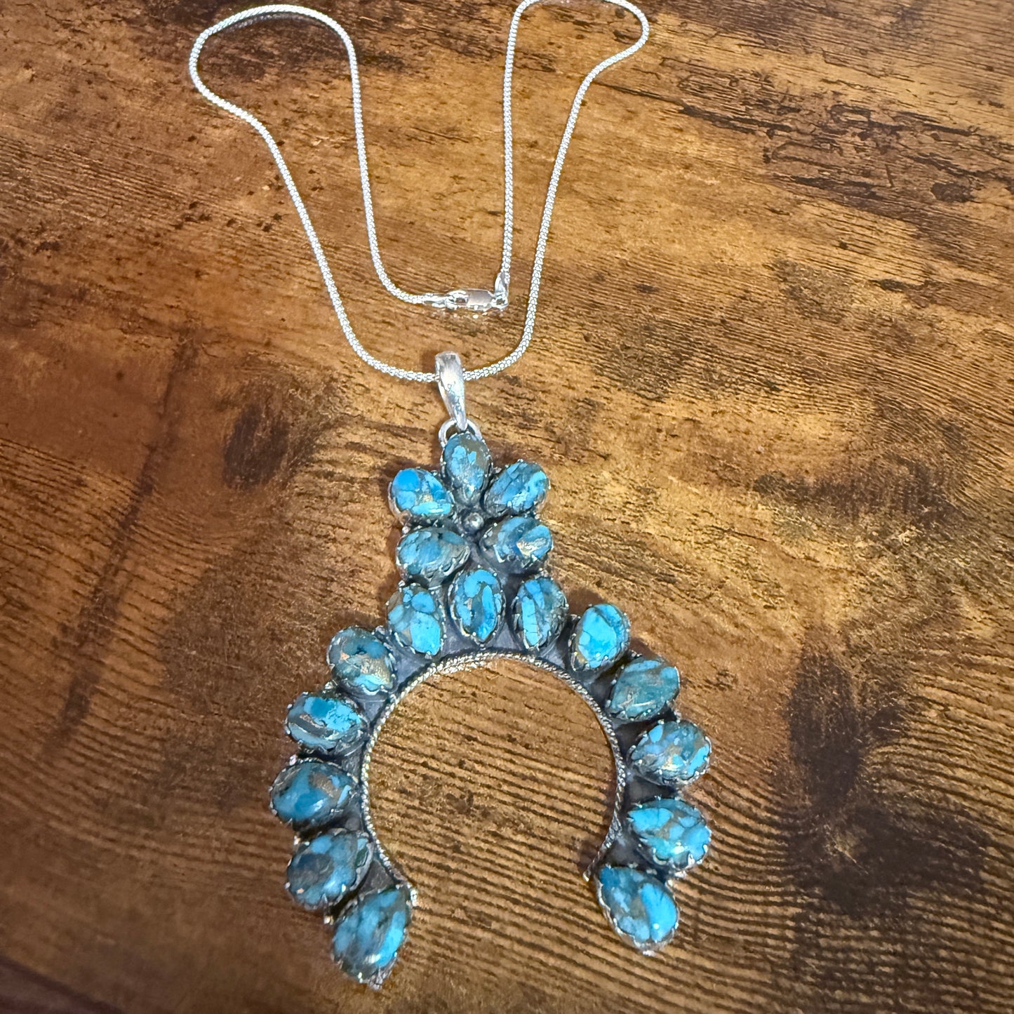 Blue Copper Turquoise Dalhia Pendant Necklace in 925 Sterling Silver