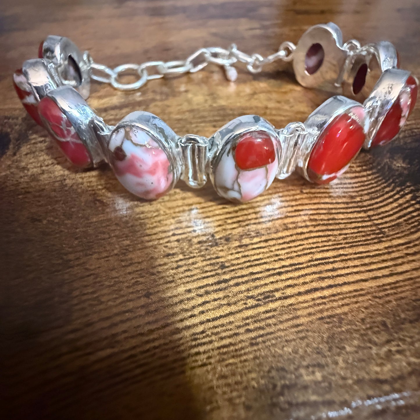 Kingman Red Mohave Copper Turquoise Chain Link 925 Sterling Silver Bracelet