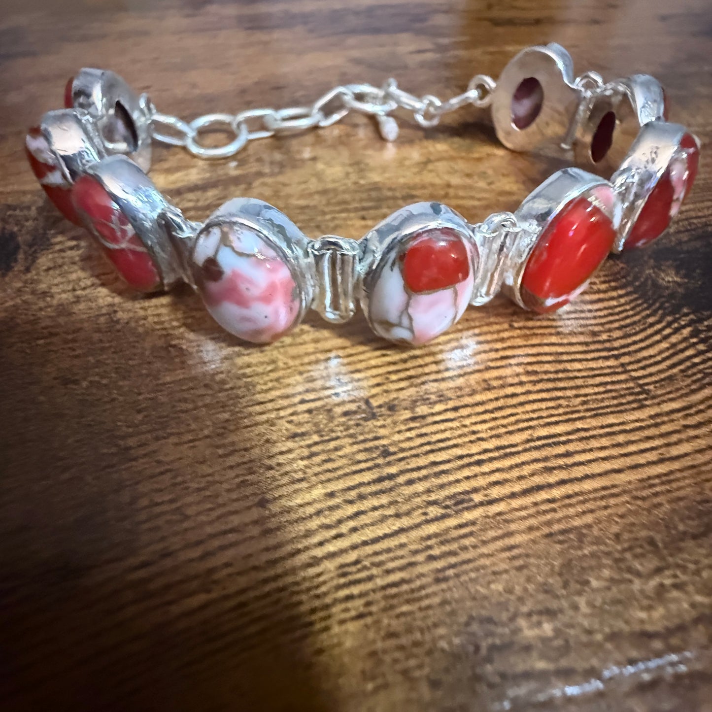 Kingman Red Mohave Copper Turquoise Chain Link 925 Sterling Silver Bracelet