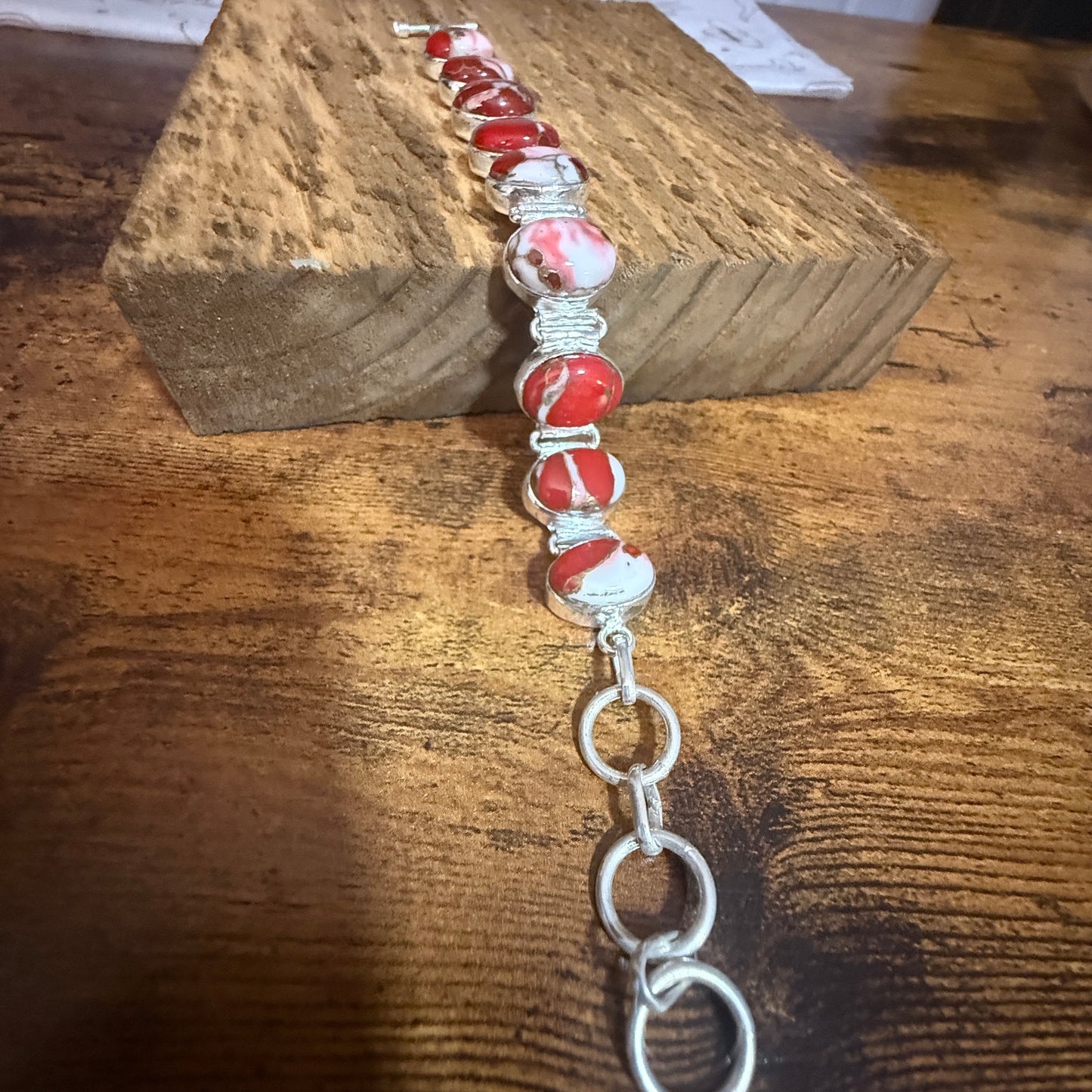 Kingman Red Mohave Copper Turquoise Chain Link 925 Sterling Silver Bracelet