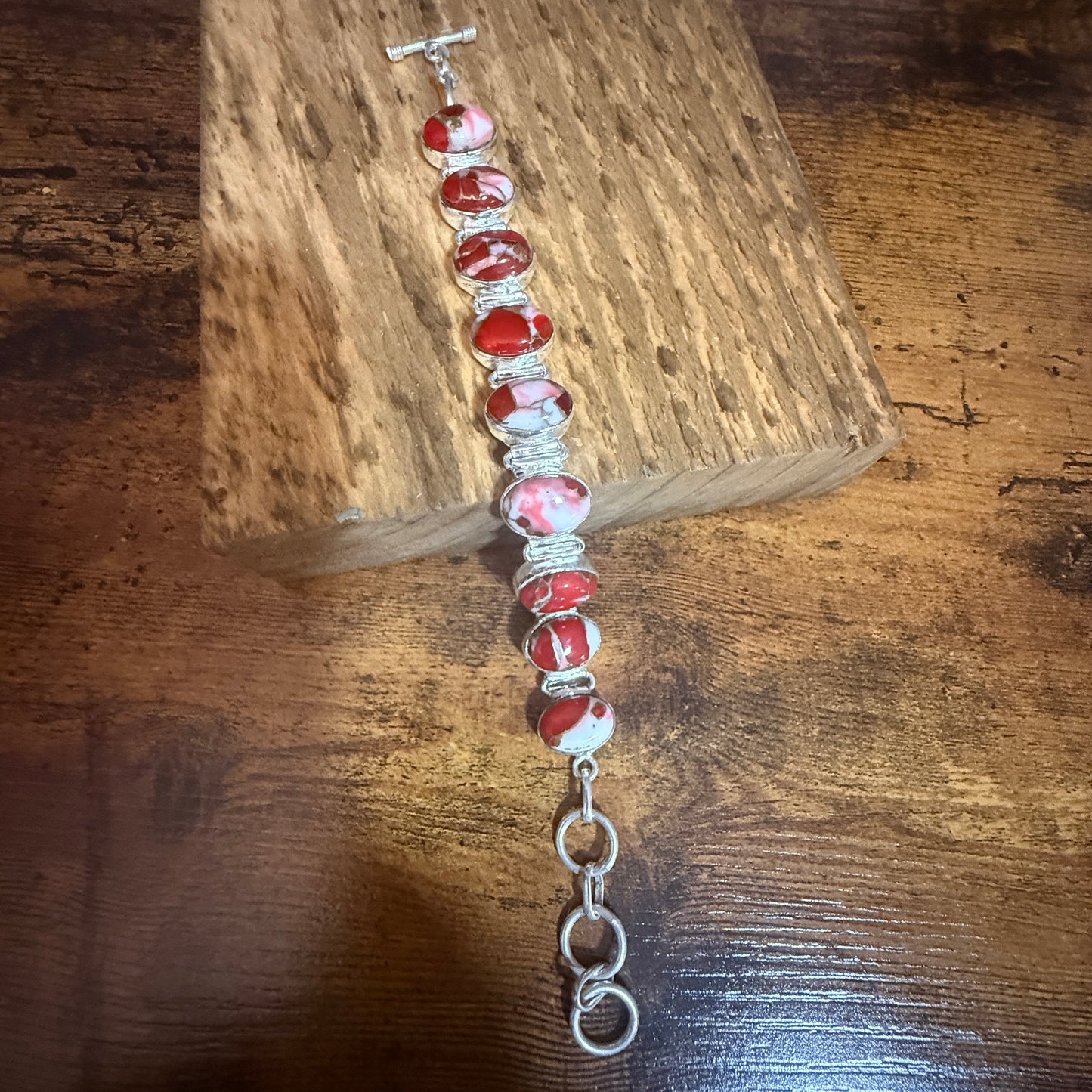 Kingman Red Mohave Copper Turquoise Chain Link 925 Sterling Silver Bracelet