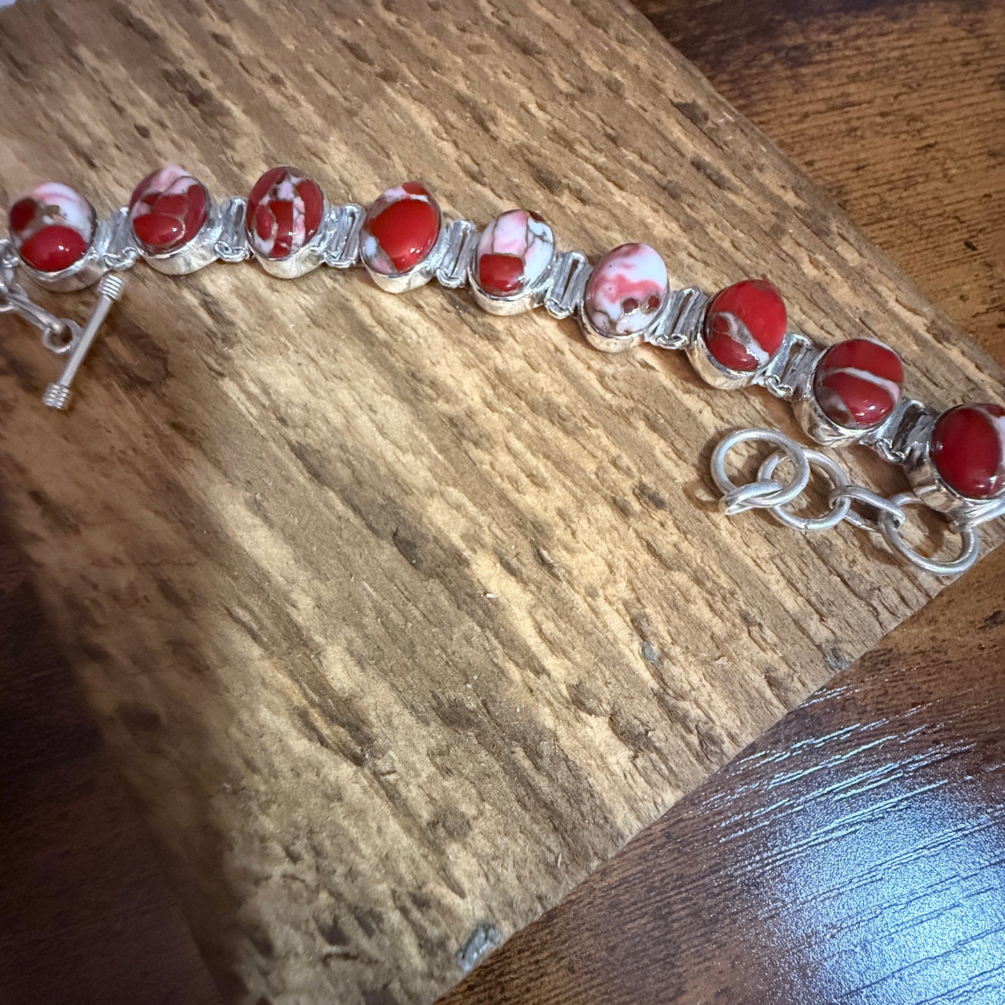 Kingman Red Mohave Copper Turquoise Chain Link 925 Sterling Silver Bracelet