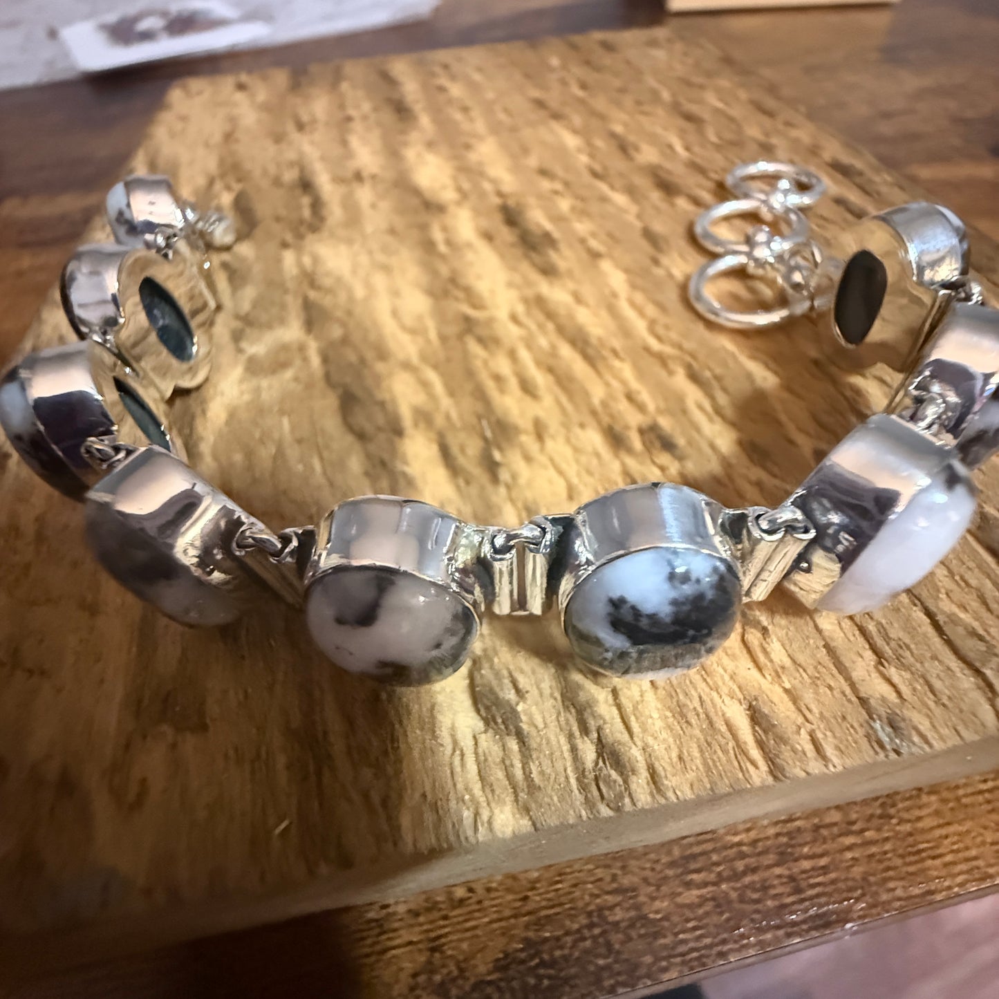 White Buffalo Turquoise Dalhia Bezel 925 Sterling Silver Chain Link Bracelet