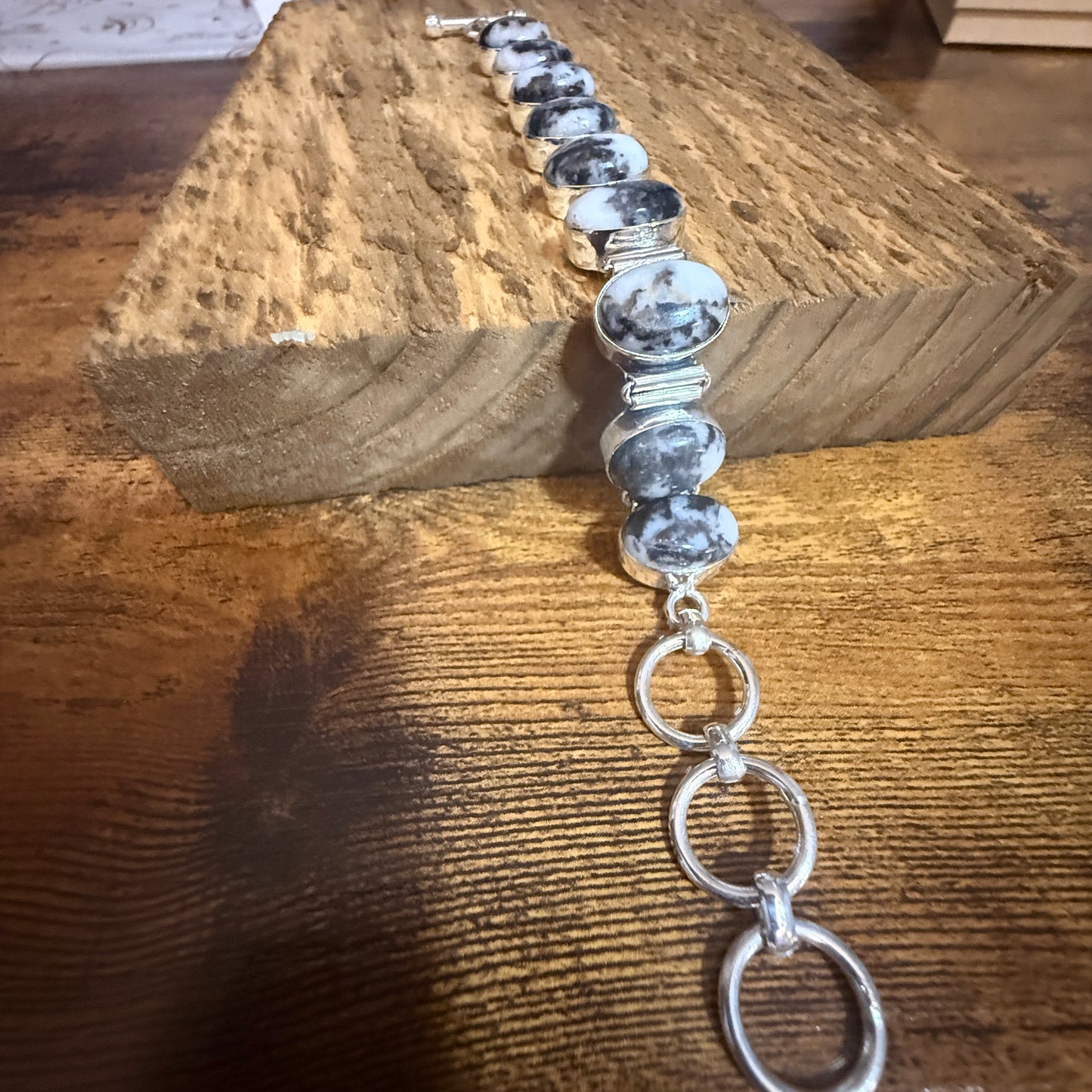 White Buffalo Turquoise Dalhia Bezel 925 Sterling Silver Chain Link Bracelet