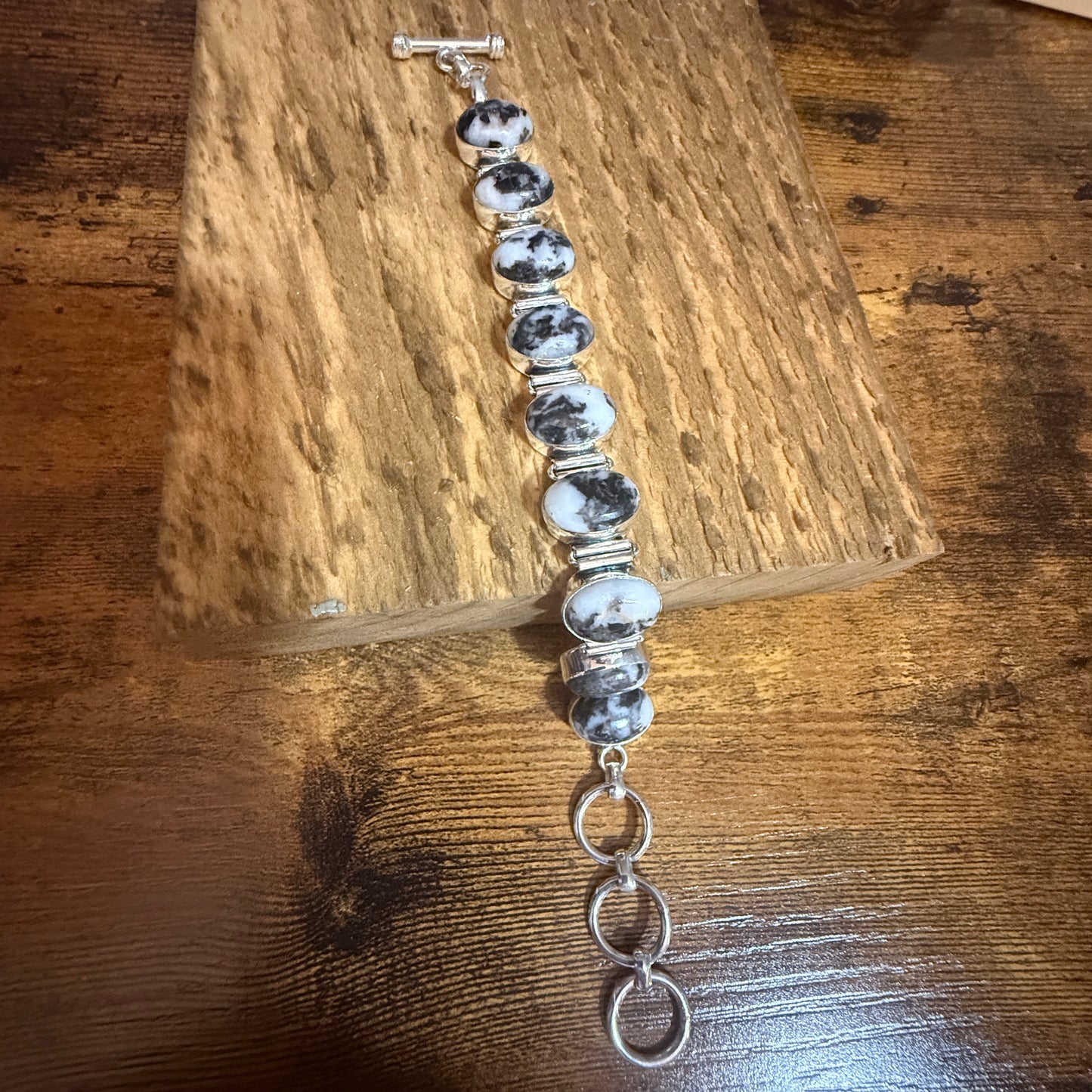 White Buffalo Turquoise Dalhia Bezel 925 Sterling Silver Chain Link Bracelet