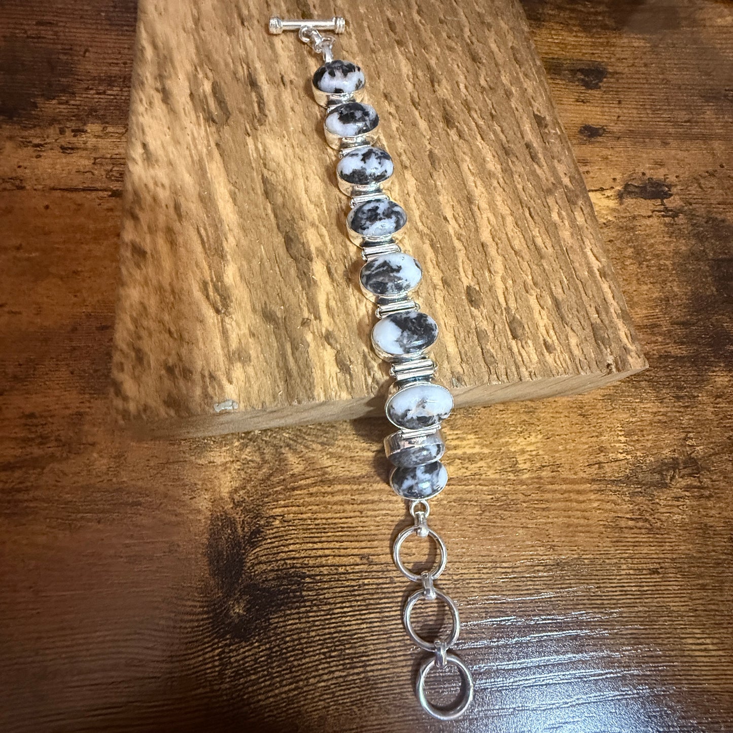 White Buffalo Turquoise Dalhia Bezel 925 Sterling Silver Chain Link Bracelet