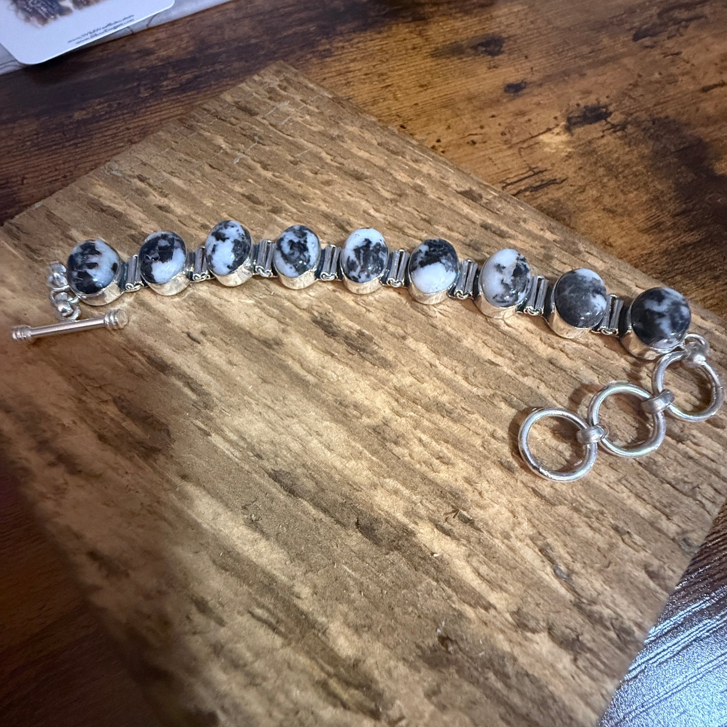 White Buffalo Turquoise Dalhia Bezel 925 Sterling Silver Chain Link Bracelet