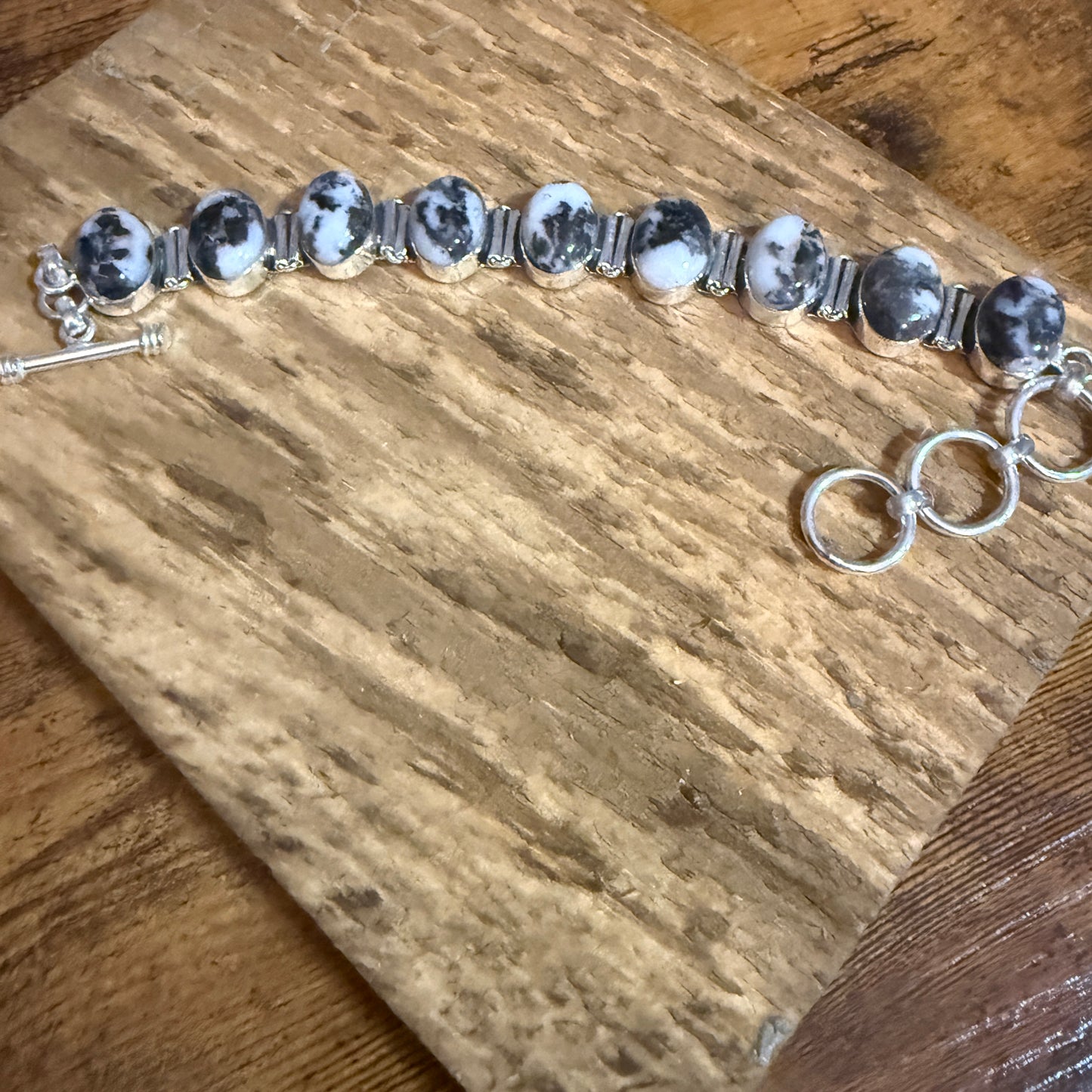 White Buffalo Turquoise Dalhia Bezel 925 Sterling Silver Chain Link Bracelet