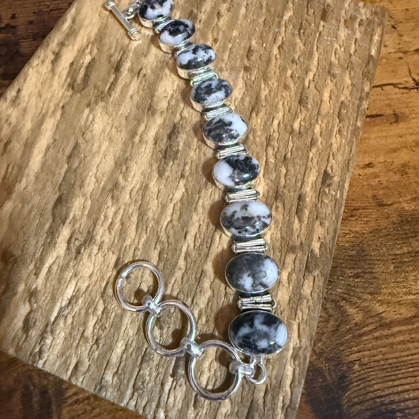 White Buffalo Turquoise Dalhia Bezel 925 Sterling Silver Chain Link Bracelet