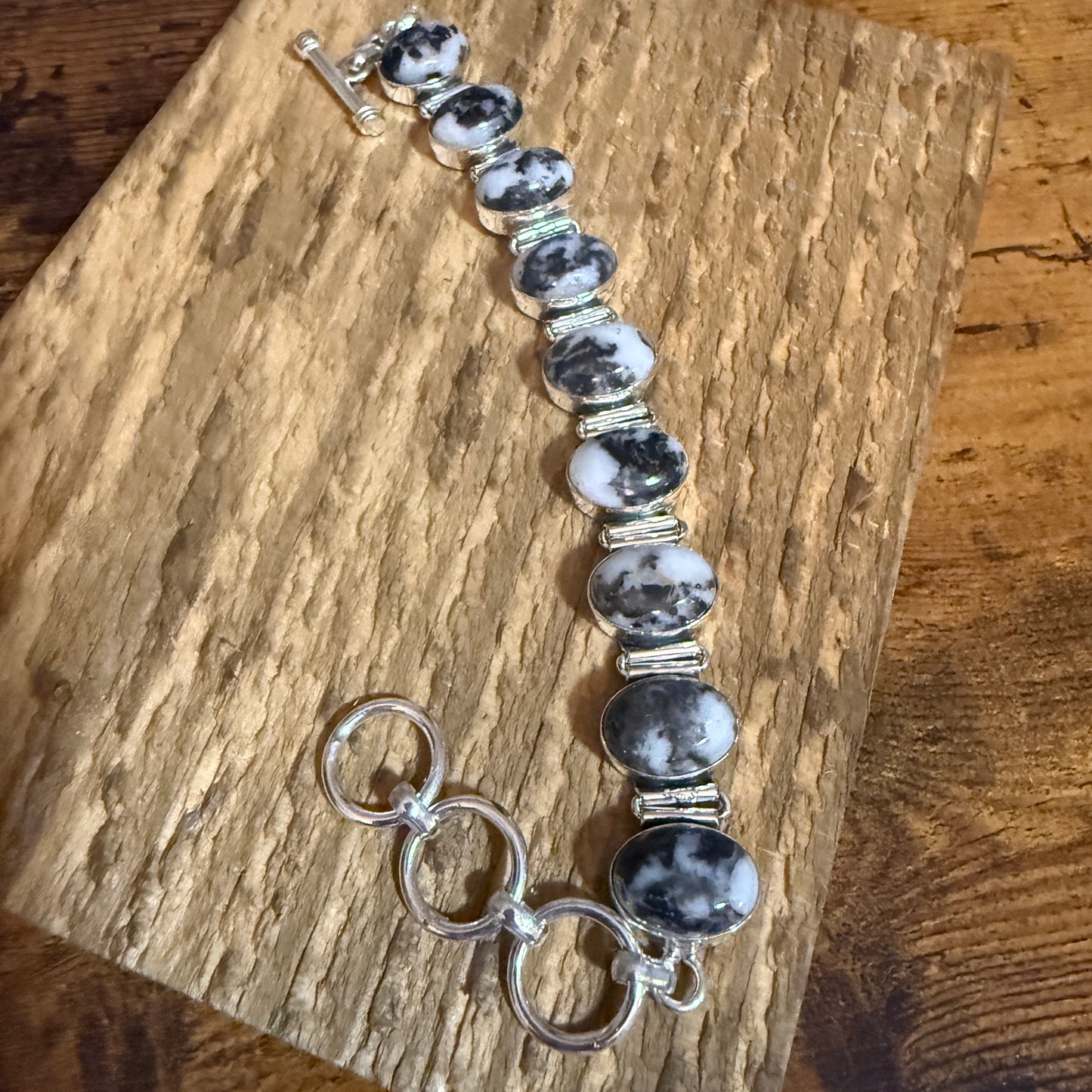 White Buffalo Turquoise Dalhia Bezel 925 Sterling Silver Chain Link Bracelet