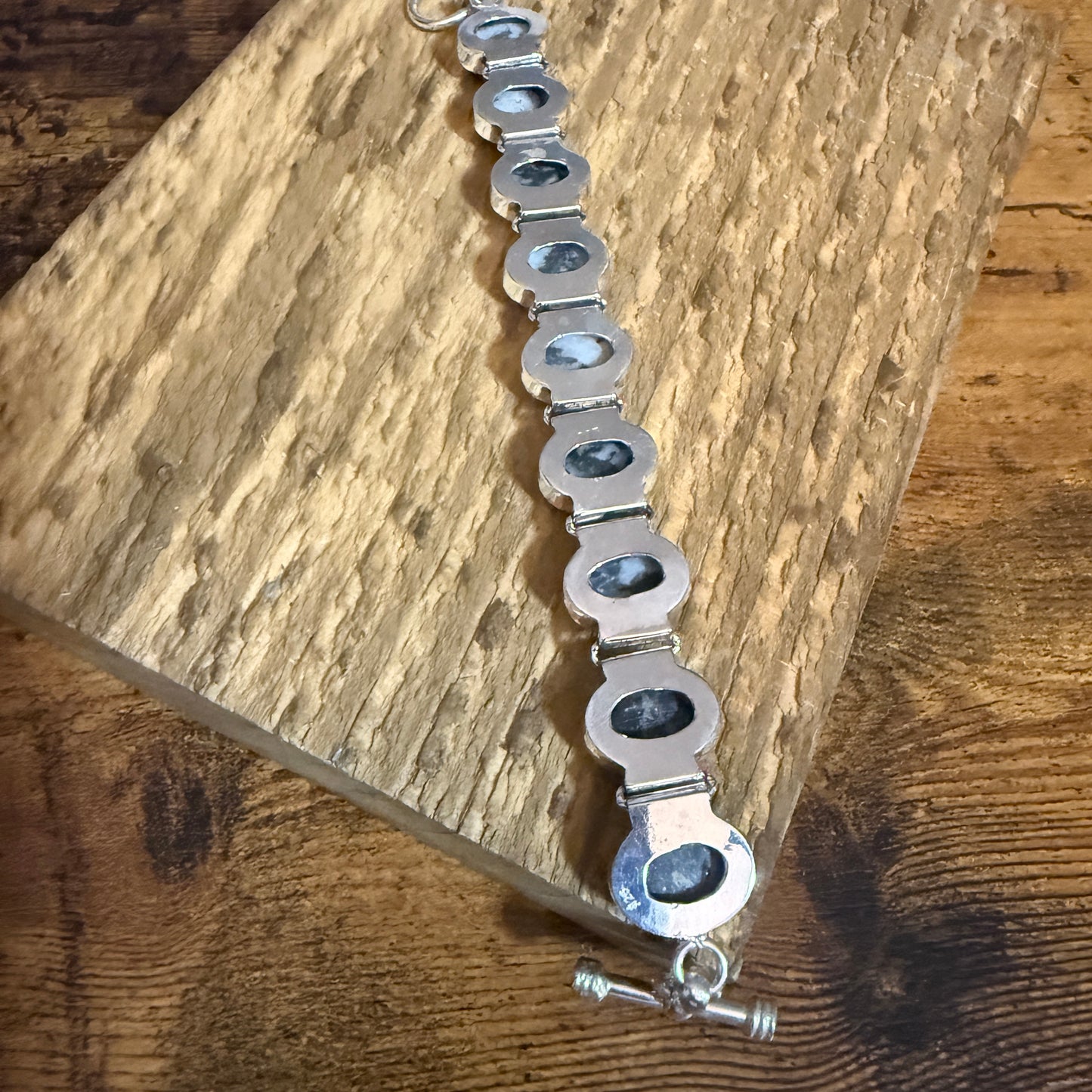 White Buffalo Turquoise Dalhia Bezel 925 Sterling Silver Chain Link Bracelet