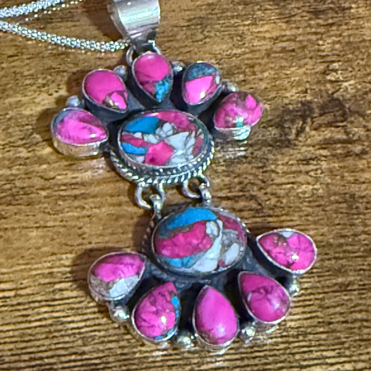 Cotton Candy Turquoise Dalhia Pendant Necklace Handmade 925 Sterling Silver