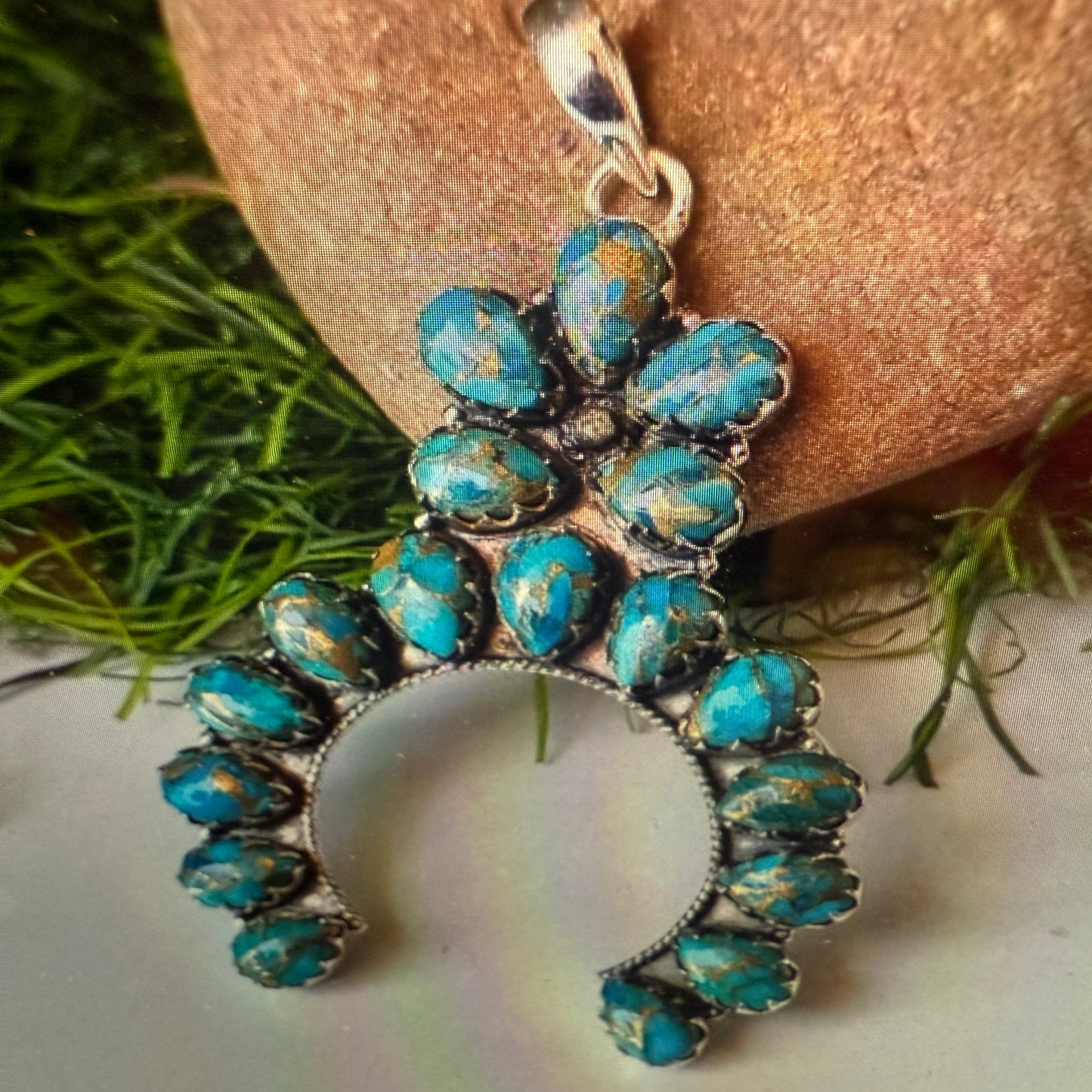 Blue Copper Turquoise Dalhia Pendant Necklace in 925 Sterling Silver