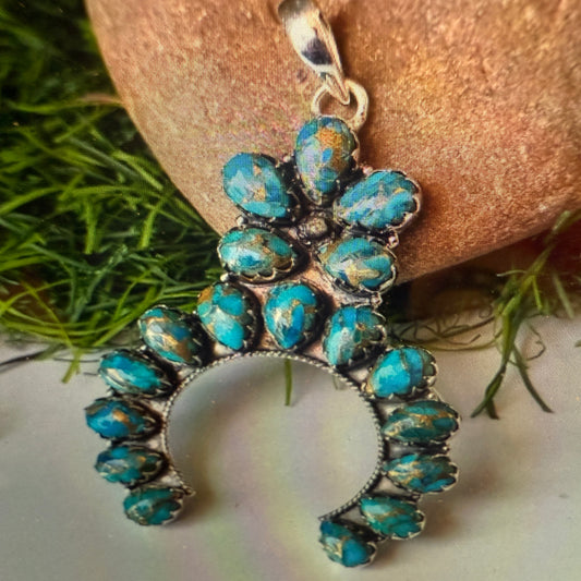 Blue Copper Turquoise Dalhia Pendant Necklace in 925 Sterling Silver