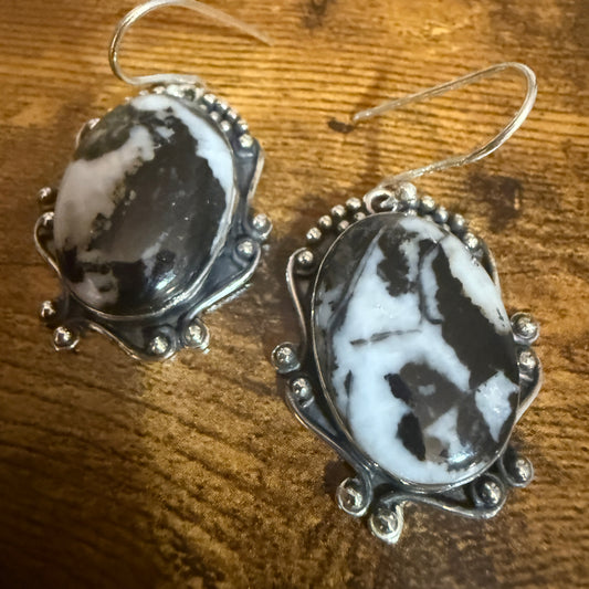White Buffalo Turquoise Dahlia stones set in ornate Sterling Silver drop earrings with fishhook ear wires
