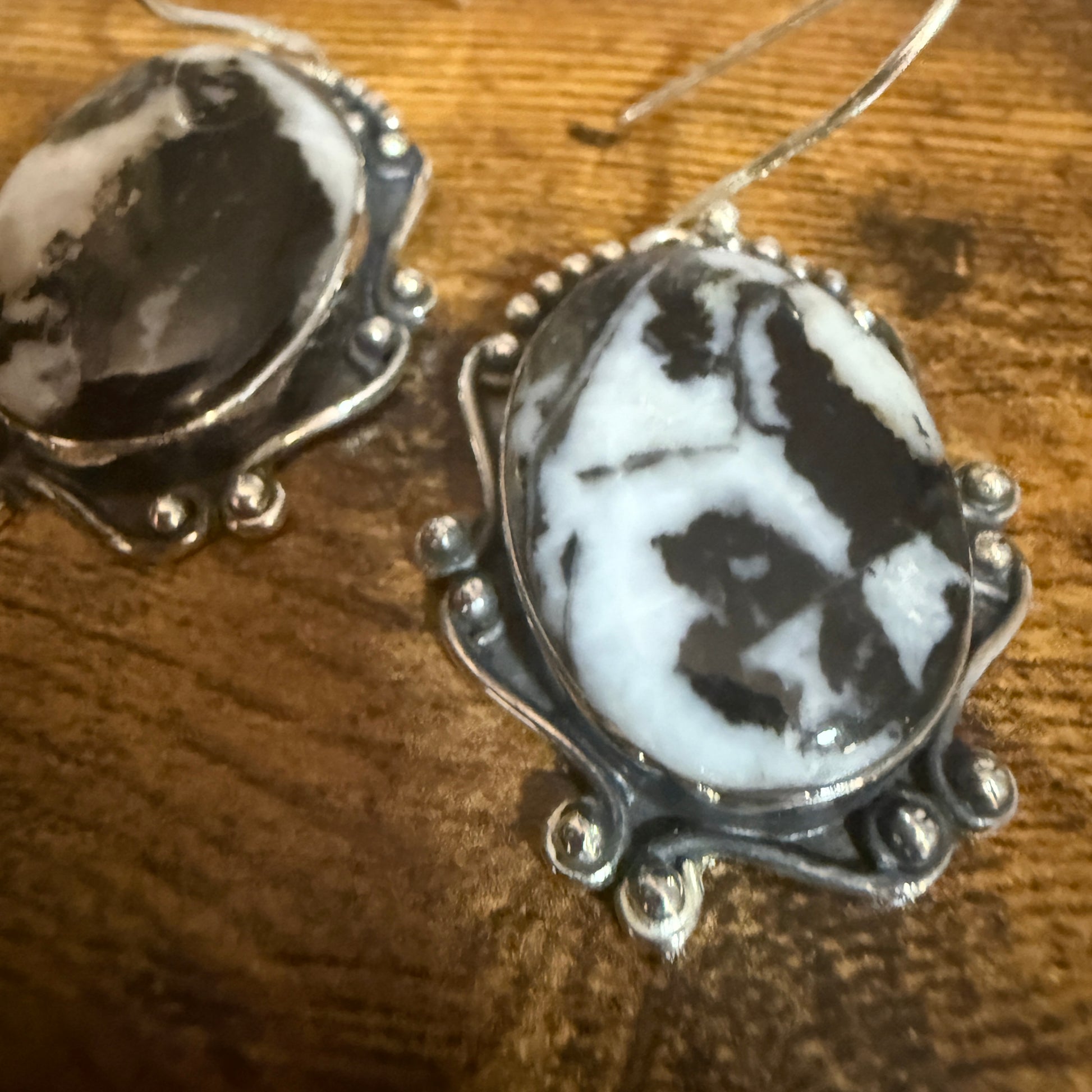 White Buffalo Turquoise Dahlia earrings in sterling silver drop settings with beaded edging