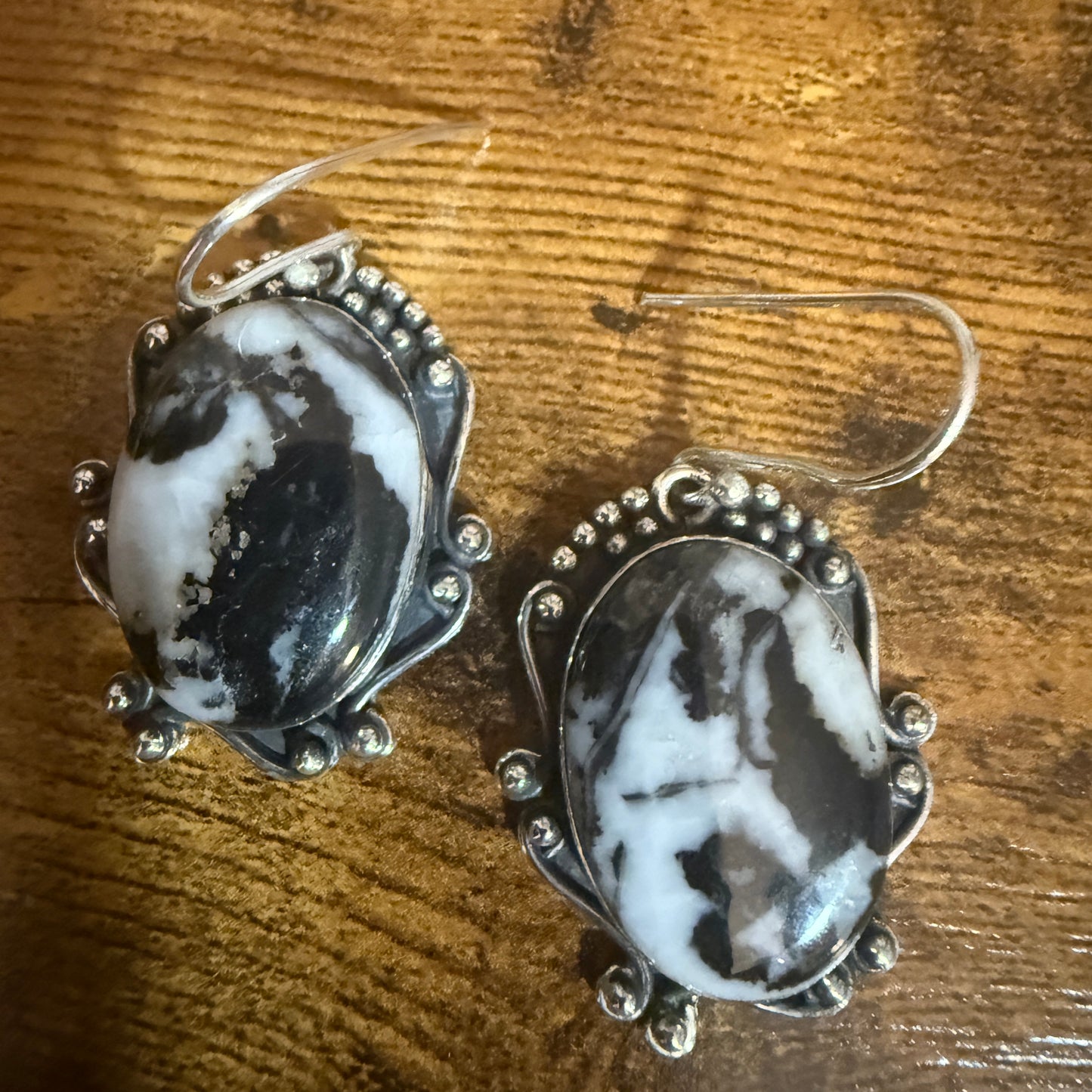 White Buffalo Turquoise Dahlia sterling silver drop dangle earrings with beaded halo