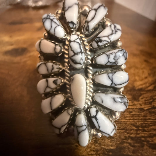 Navajo Sterling Silver White Buffalo Turquoise Cluster Ring Size 7