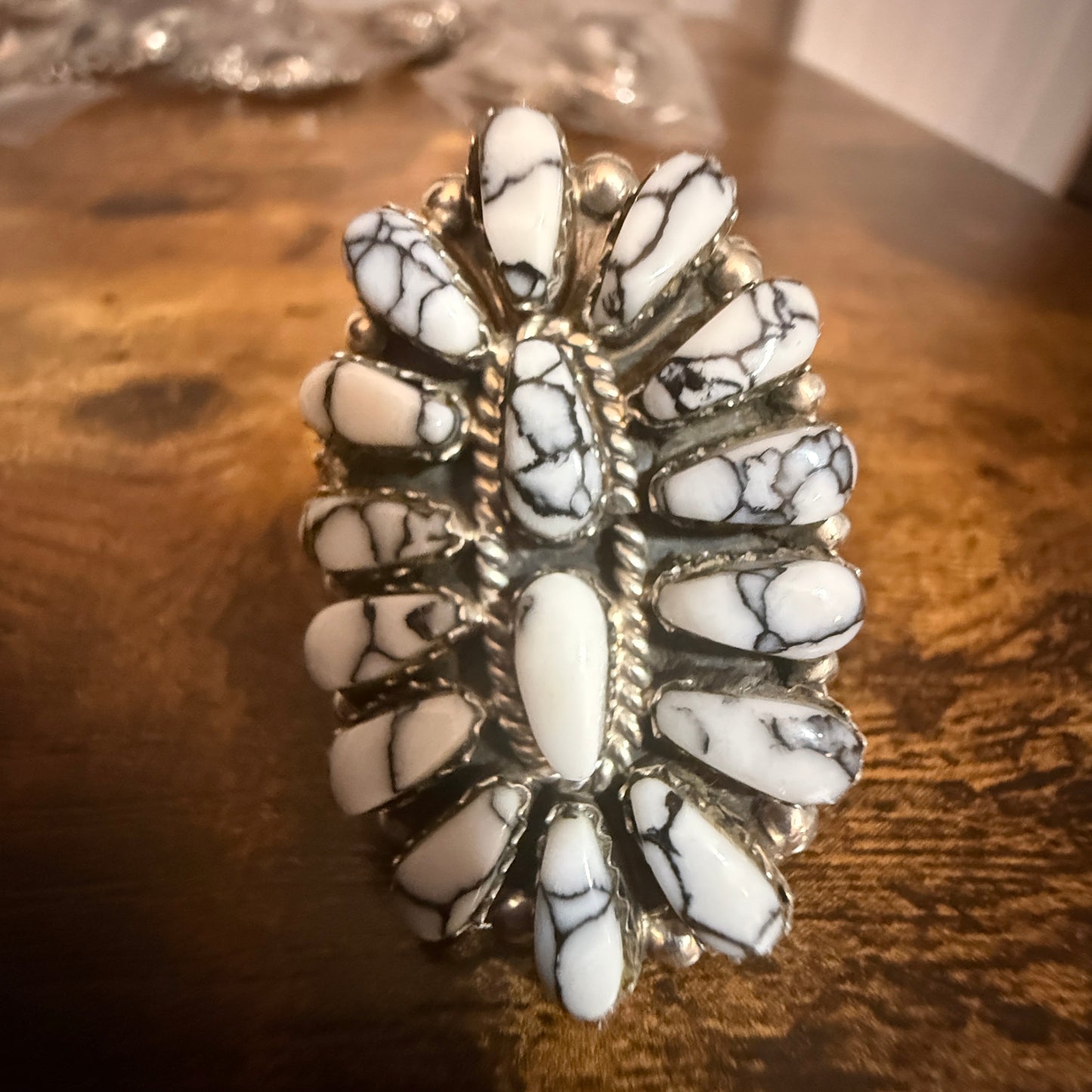 Navajo Sterling Silver White Buffalo Turquoise Cluster Ring Size 7