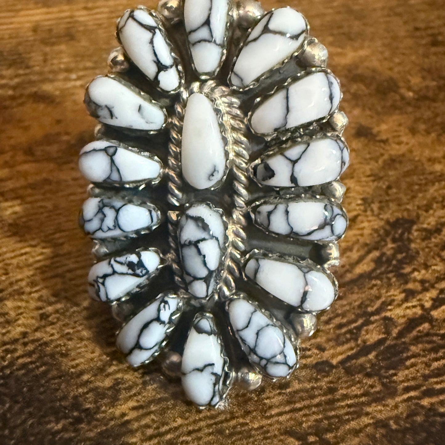Navajo Sterling Silver White Buffalo Turquoise Cluster Ring Size 7