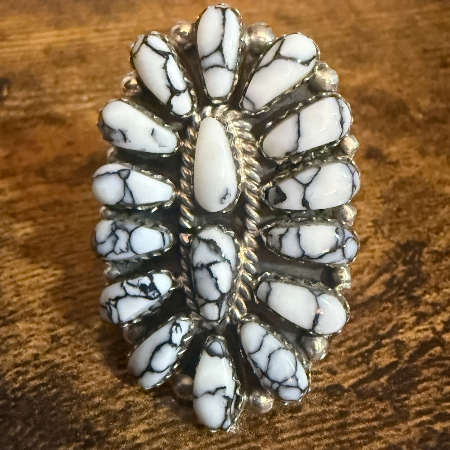 Navajo Sterling Silver White Buffalo Turquoise Cluster Ring Size 7