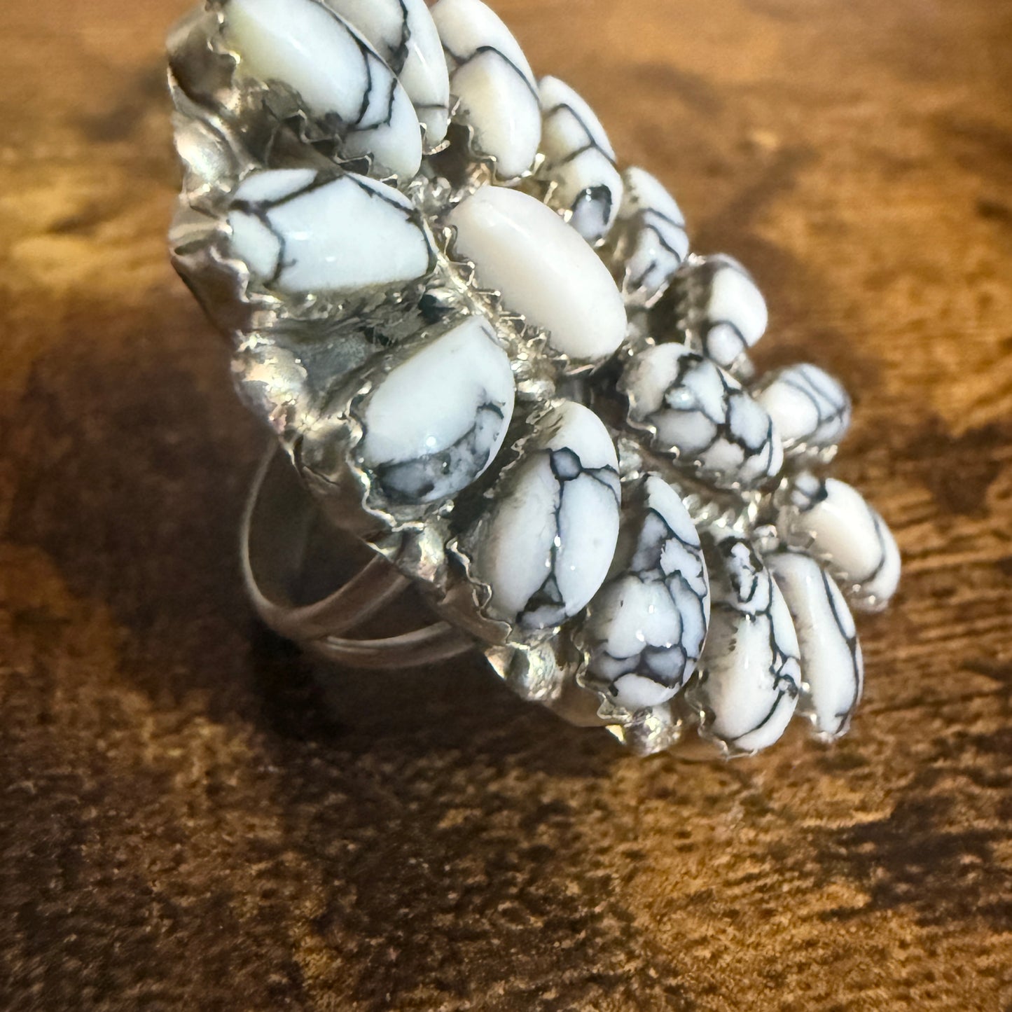 Navajo Sterling Silver White Buffalo Turquoise Cluster Ring Size 7