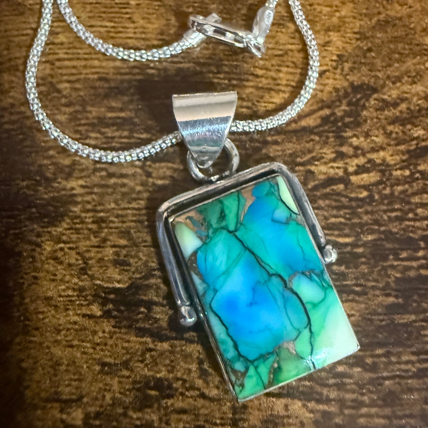 Peacock Dahlia Turquoise Pendant Necklace 925 Sterling Silver 18 Inch Chain