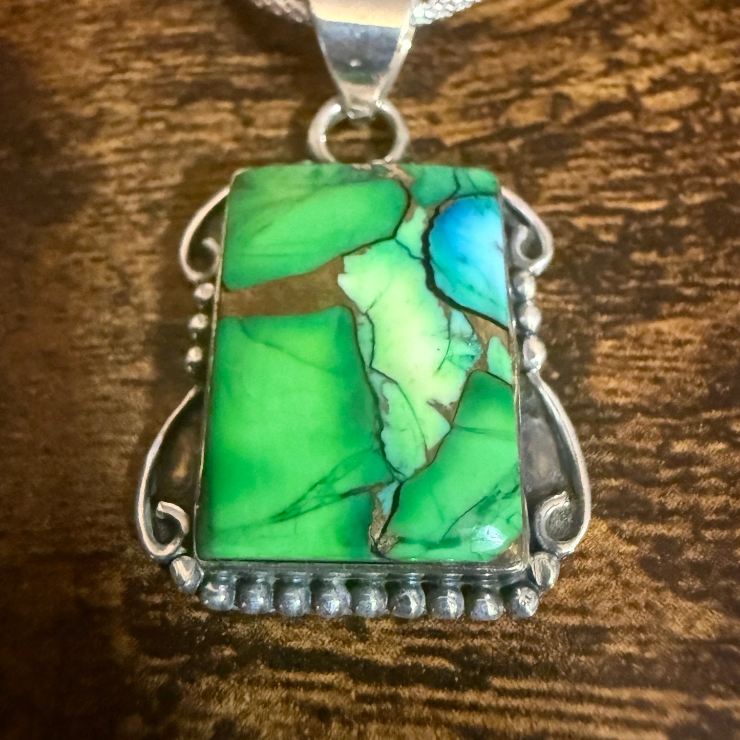 Peacock Dahlia Turquoise Gemstone Pendant Necklace 18 Inch Chain Sterling Silver