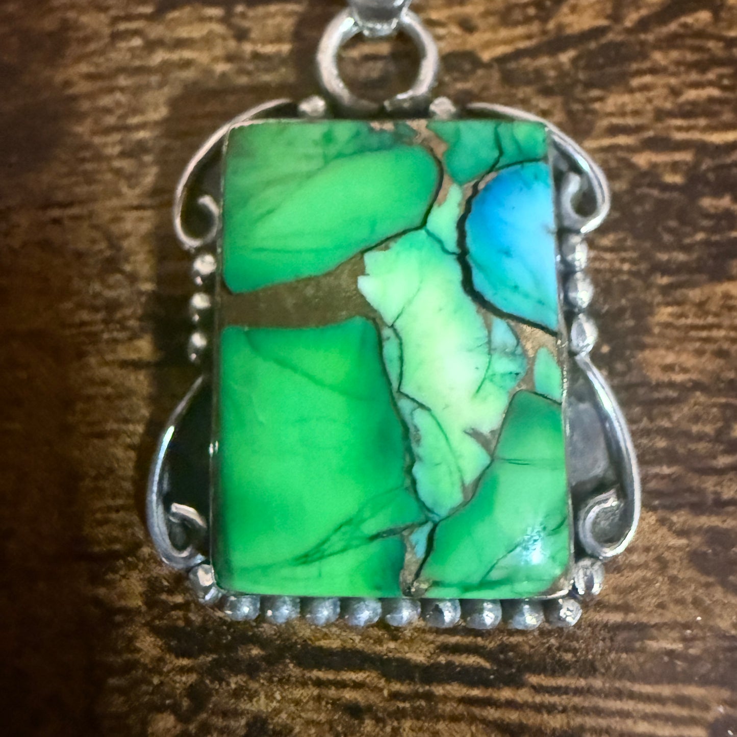 Peacock Dahlia Turquoise Gemstone Pendant Necklace 18 Inch Chain Sterling Silver