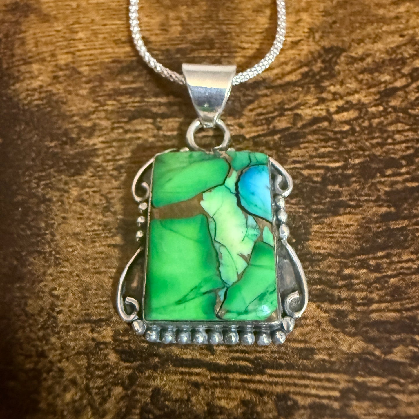 Peacock Dahlia Turquoise Gemstone Pendant Necklace 18 Inch Chain Sterling Silver