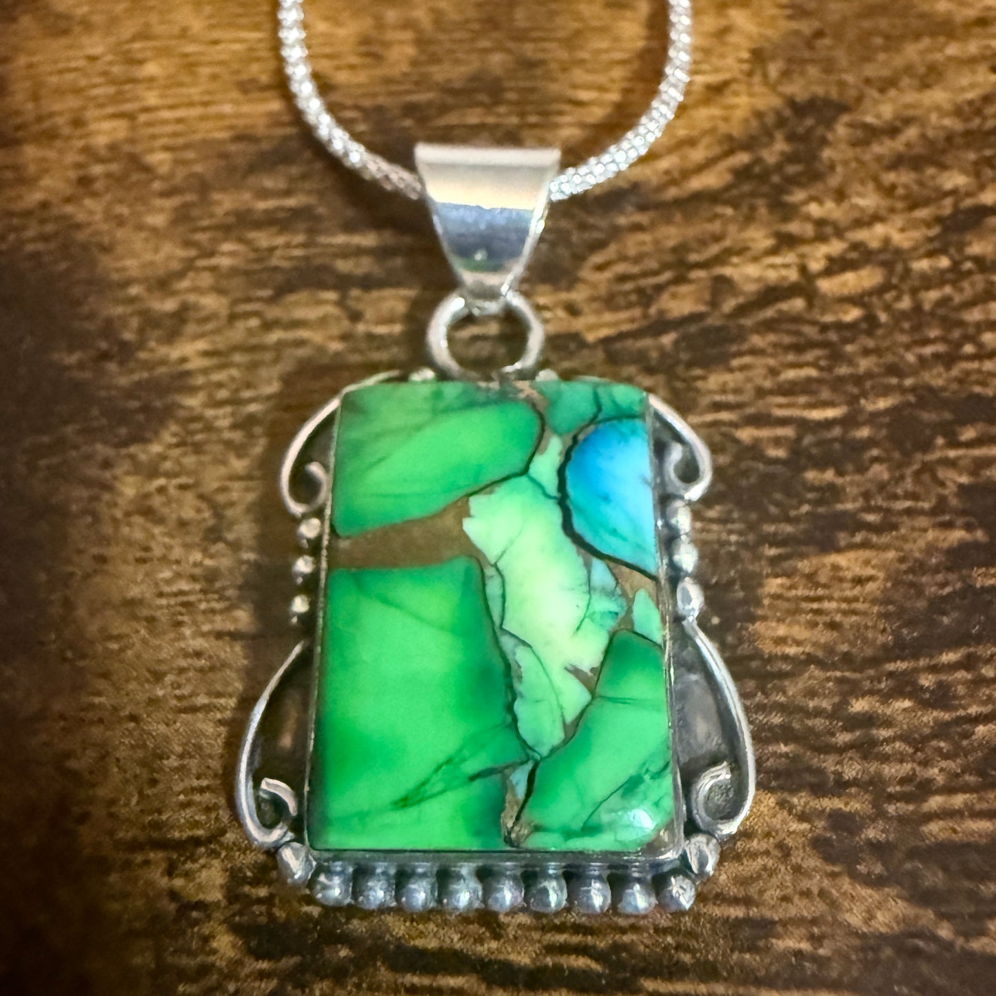 Peacock Dahlia Turquoise Gemstone Pendant Necklace 18 Inch Chain Sterling Silver