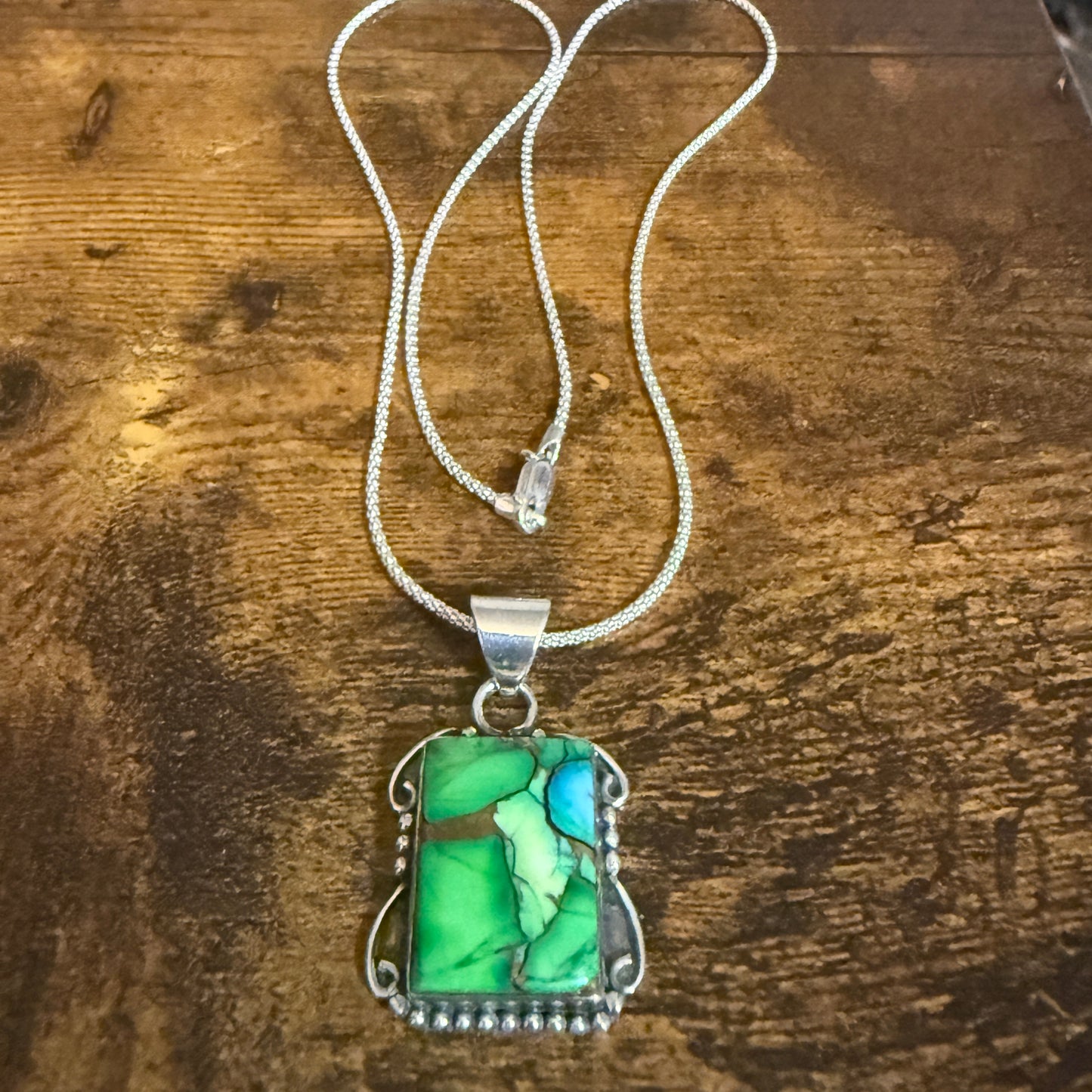 Peacock Dahlia Turquoise Gemstone Pendant Necklace 18 Inch Chain Sterling Silver