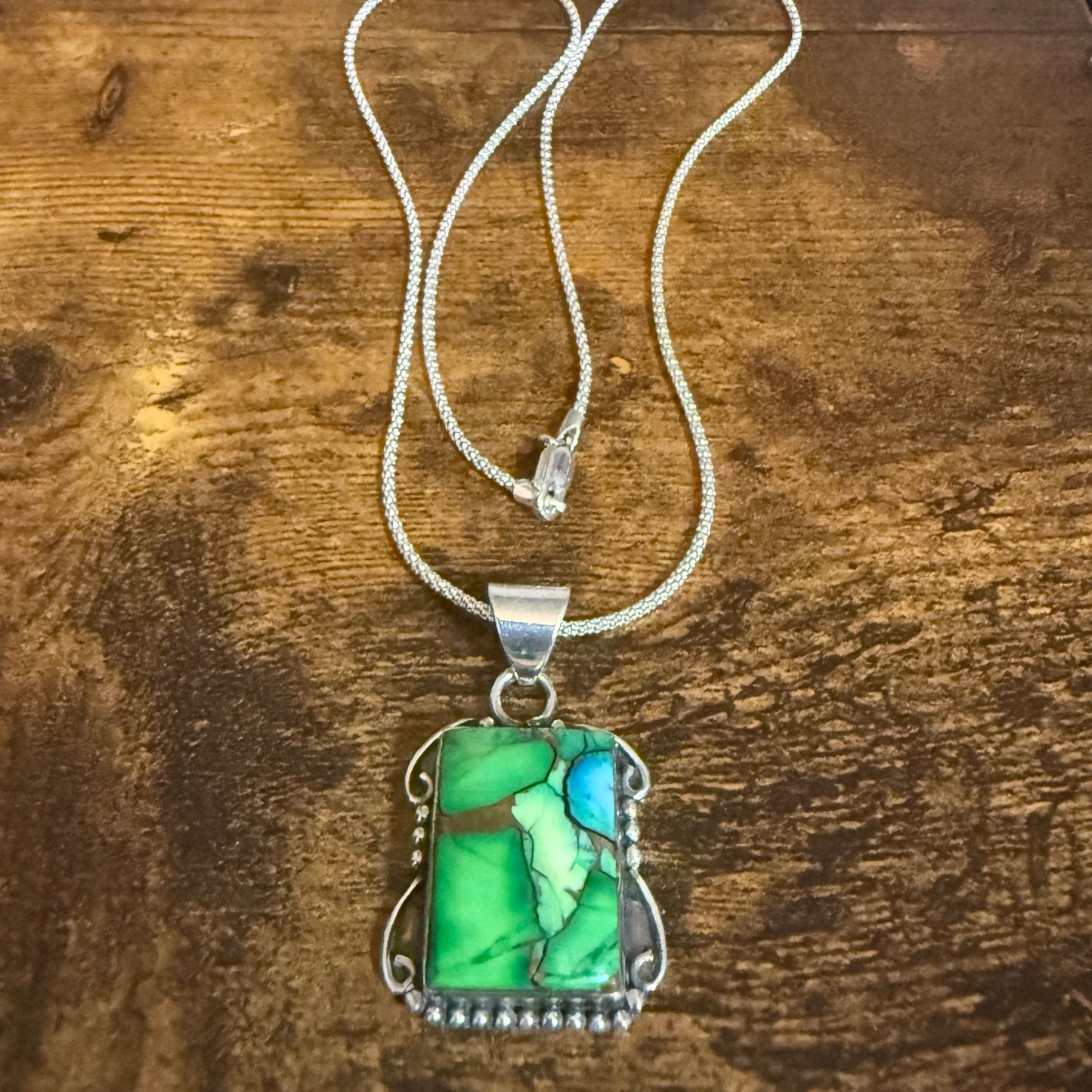 Peacock Dahlia Turquoise Gemstone Pendant Necklace 18 Inch Chain Sterling Silver