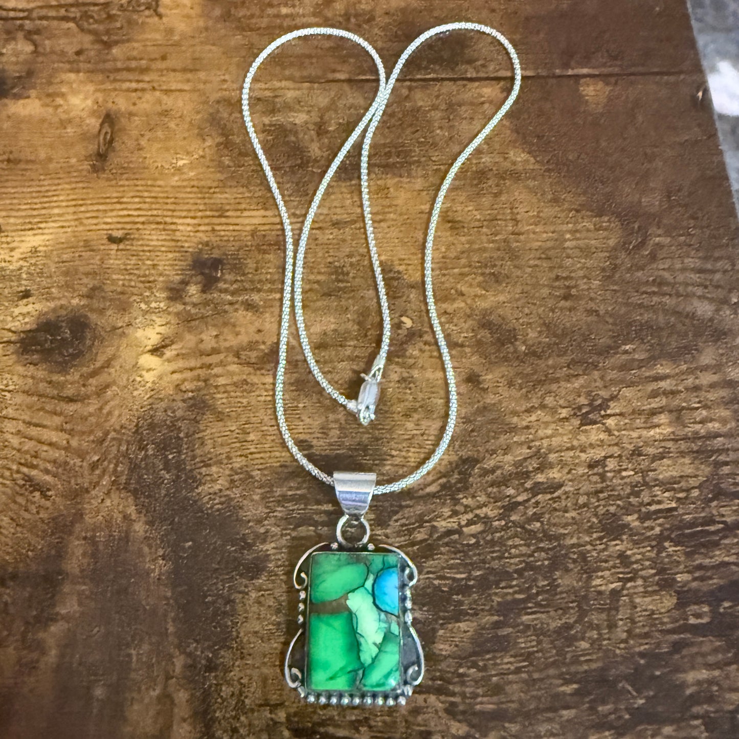 Peacock Dahlia Turquoise Gemstone Pendant Necklace 18 Inch Chain Sterling Silver