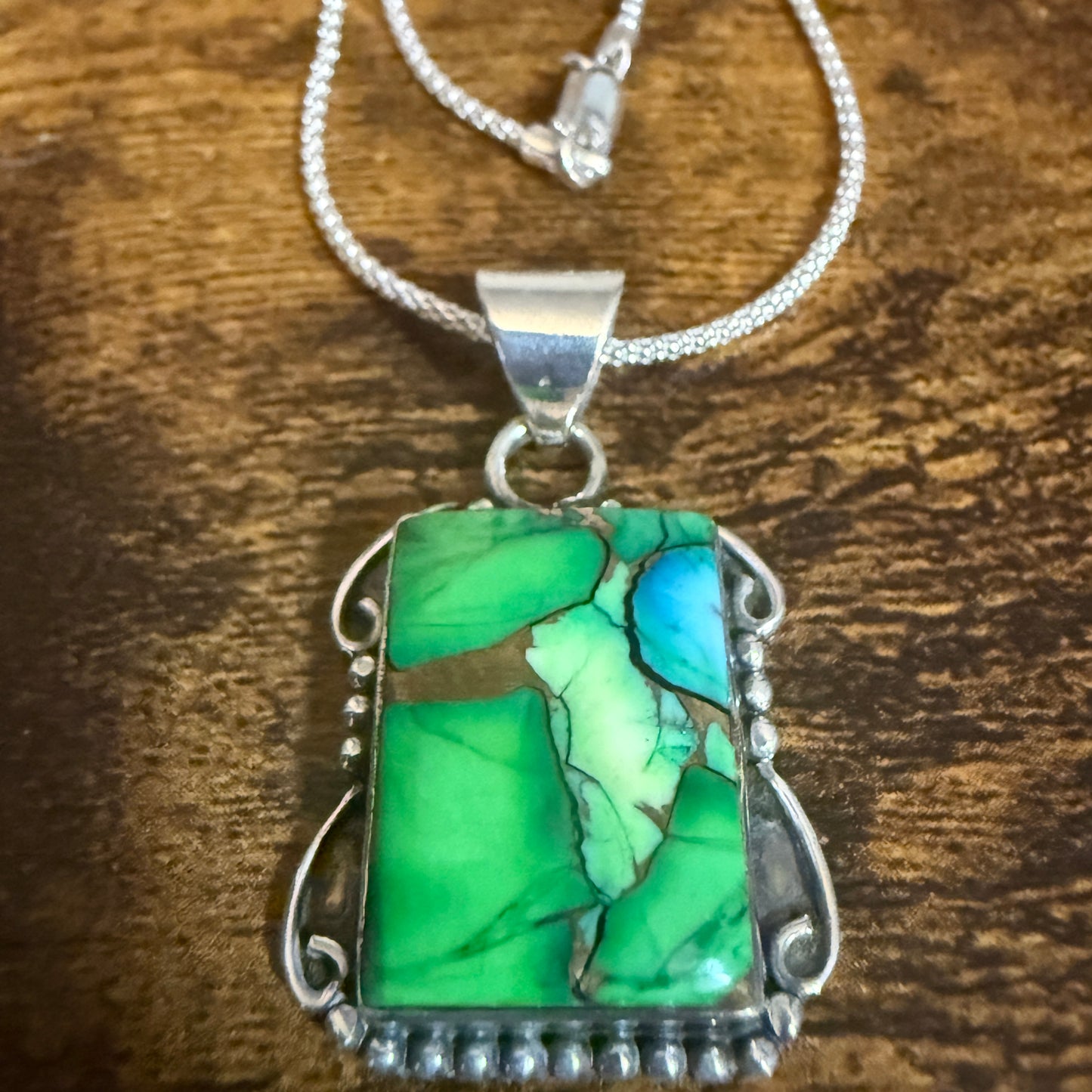 Peacock Dahlia Turquoise Gemstone Pendant Necklace 18 Inch Chain Sterling Silver