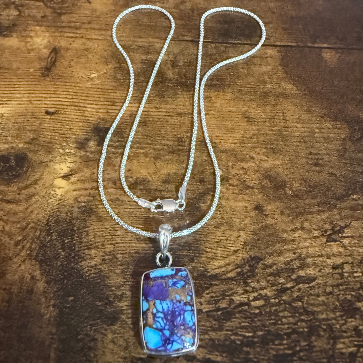 Kingman Purple Dahlia Turquoise Pendant Necklace 925 Sterling Silver 18In Chain